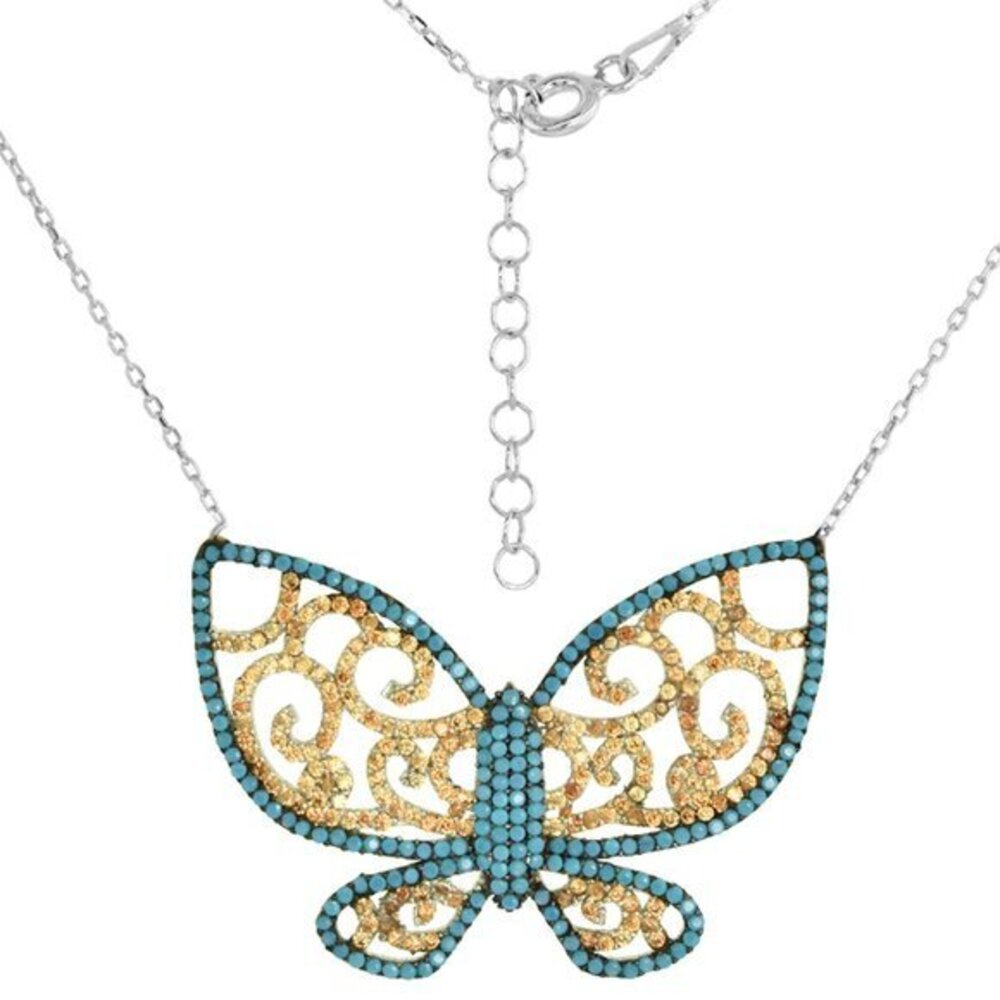 Sterling Silver Nano Turquoise Butterfly Necklace for Women Gold color CZ 18"